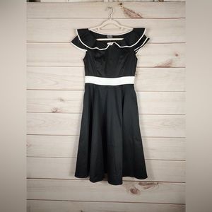 H&R Sz.14 Dress Woman’s Black W/White Trim Fit And Flare Ruffled Shoulders NWT